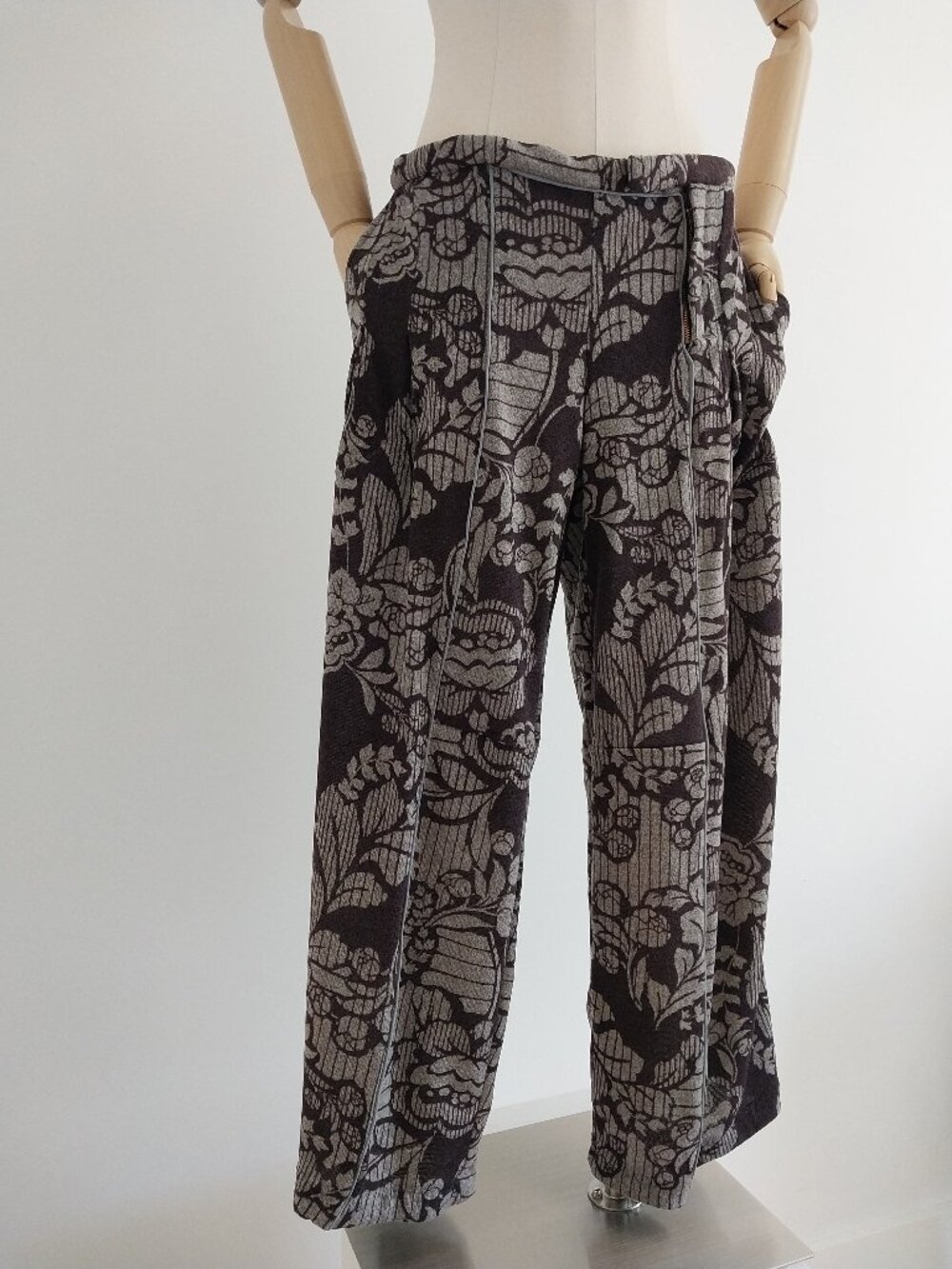 Soft Pleated Front Pants with piping.   Cotton blend brown and gray floral print